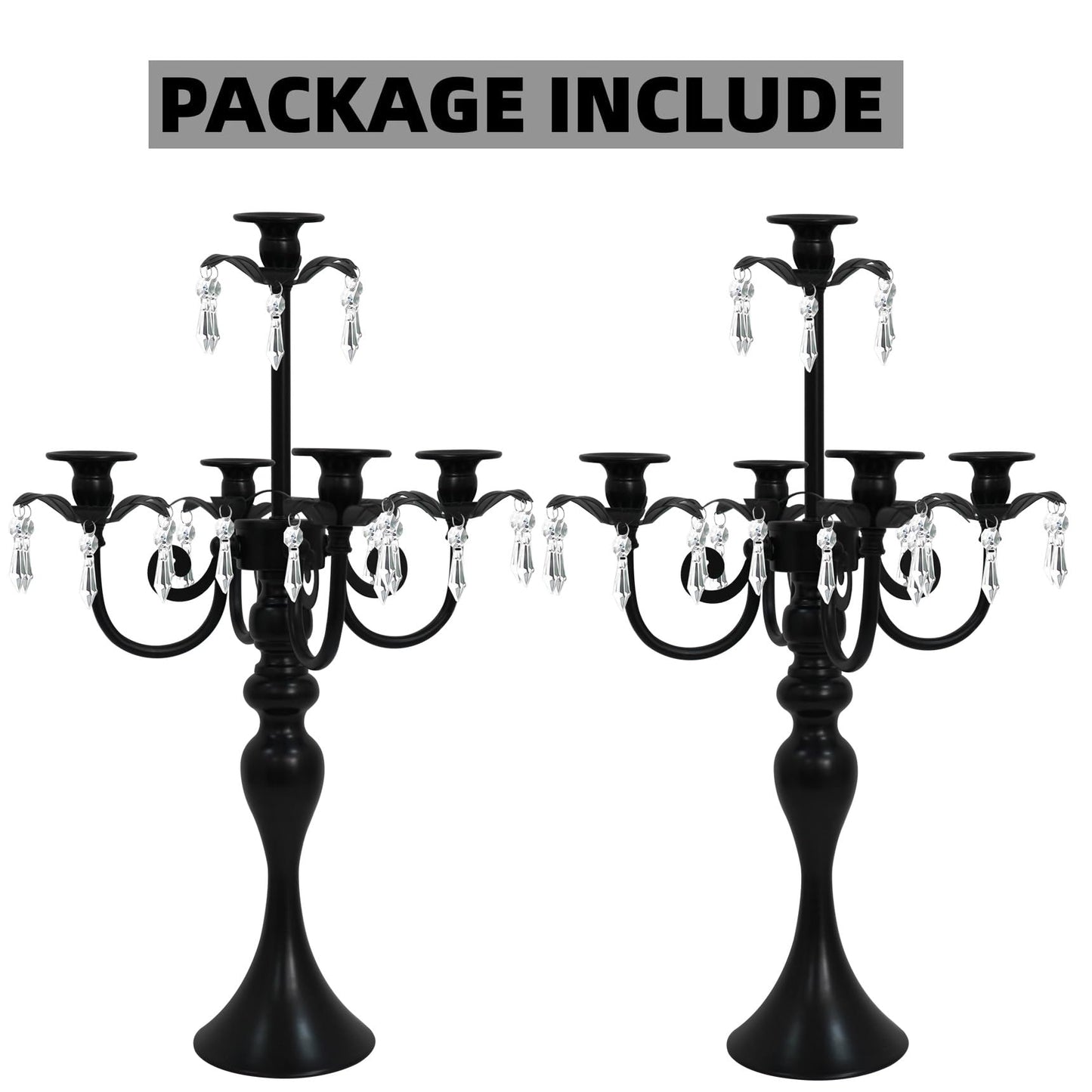 2Pcs Candelabras Centerpieces for Tables, 20" Tall Candlestick Holder for Taper Candles, 5 Arm Crystal Candelabra Candle Holder for Wedding Centerpiece Decor Party Event Reception Decoration (Black)