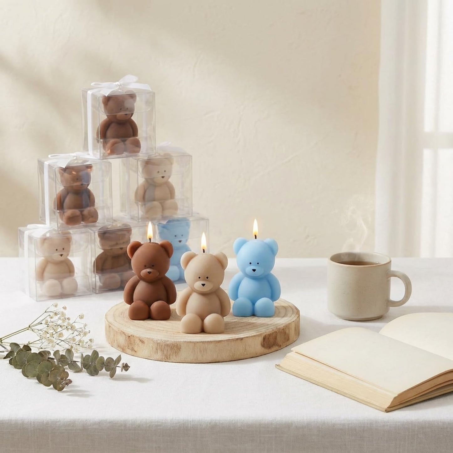 Dansib 50 Pcs Bear Baby Shower Candle Favors for Guest Bear Party Favors Baby Shower Candles Bulk for Gifts Party Decorations (Light Brown,Dark Brown,Blue)