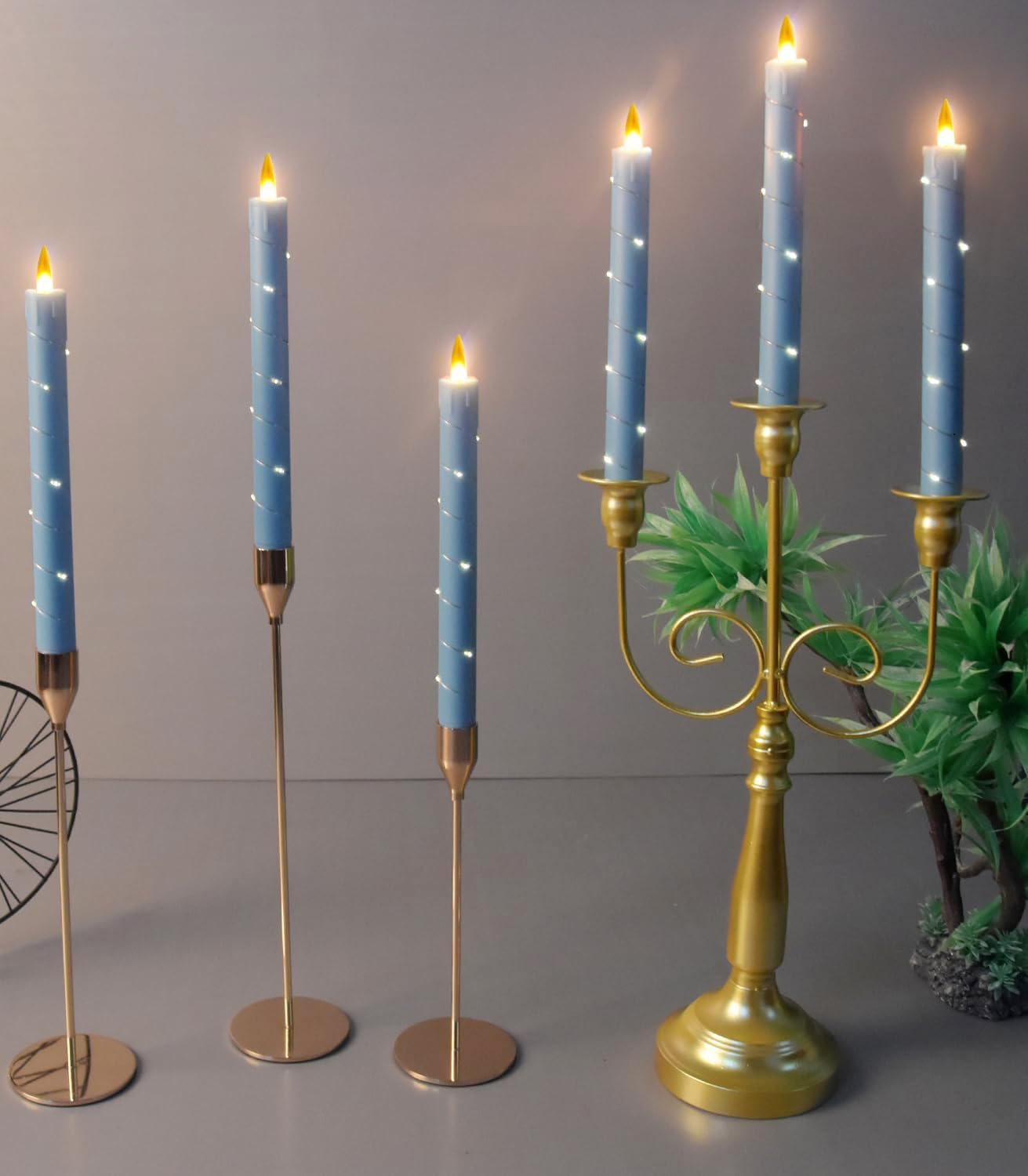Flameless Cone Candle with Built-in Star String Light, 11 Button Remote Control, Timer, Battery Powered, Analog Flame, 3 Pack of Window Candles, Christmas Home & Wedding Decoration (Sky Blue)