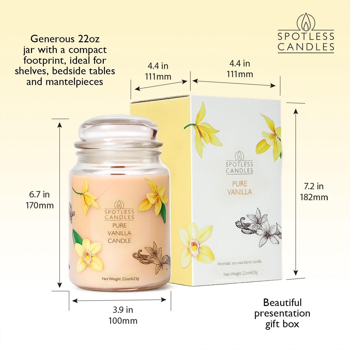 Vanilla Candle 22oz: 130 Hour Burn, Large Jar Scented Soy Wax Candle, Wooden Wick, Warm Vanilla Sugar, Luxury Gift Box, Home Decor by Spotless Candles