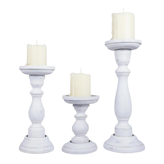 Mela Artisans 6”, 9” & 12” Mango Wood Pillar Candle Holder Set of 3 – Tuli Design Shabby Matte White – Wooden Candle Holders for Table, Mantel & Living Room Décor