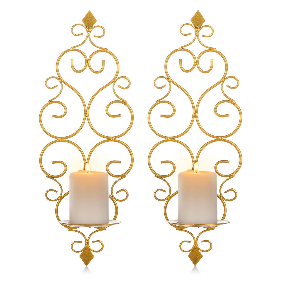 Sziqiqi Iron Wall Candle Sconce Holder Set of 2 Hanging Wall Mounted Pillar Candle Sconces Holder, Wall Sconces Decor for Bedroom Dining Room, Gold
