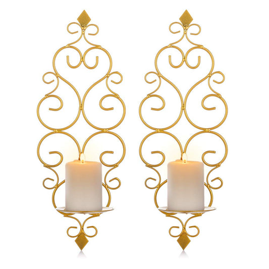 Sziqiqi Iron Wall Candle Sconce Holder Set of 2 Hanging Wall Mounted Pillar Candle Sconces Holder, Wall Sconces Decor for Bedroom Dining Room, Gold