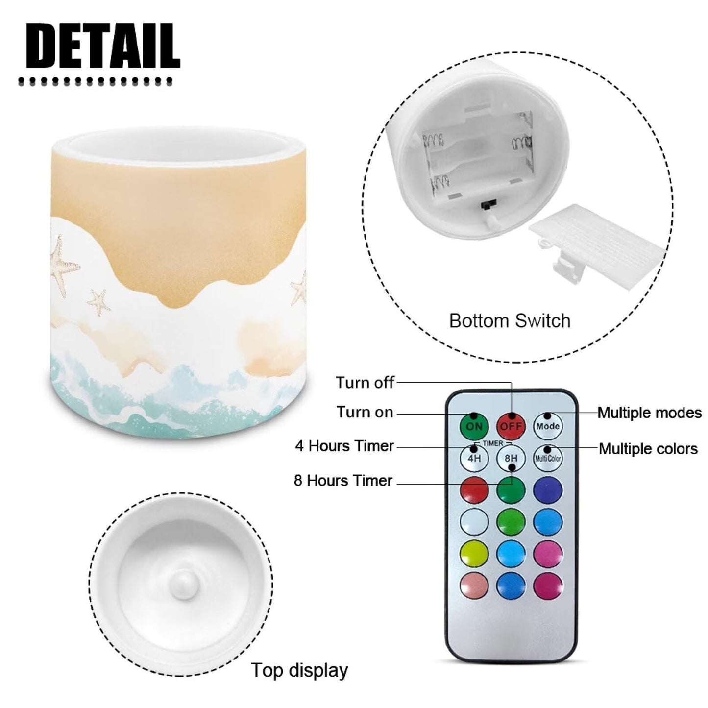 NETILGEN Beach Ocean Wave Decorative Flameless LED Pillar Candles with Timer Remote Control 4 Packs Set 3 inch Realistic Flickering Candles with Battery Powered