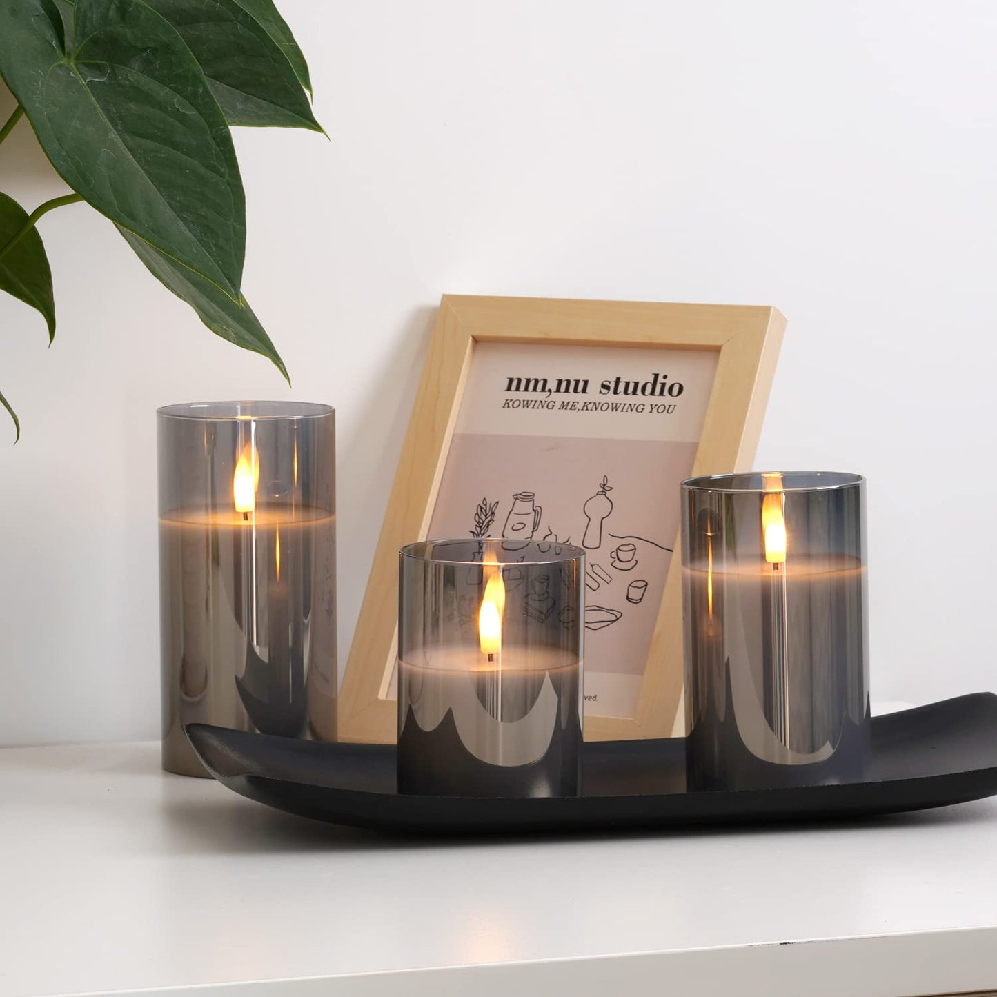 Amagic Grey Glass Flameless Candles, Halloween Battery Operated Candles, LED Pillar Candles with Remote Control and Timer, Electric Fake Candles for Holiday Spooky Decor, Wax, D3 H4 5" 6", Set of 3