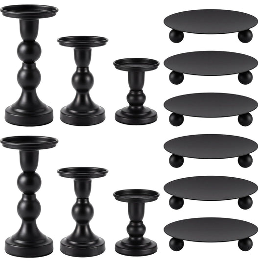 Vesici 12 Pcs Candlestick Holder Plate Pillar Candle Holder Candles Stand Decorative Centerpieces for Table Wedding Events Party Living Room Housewarming Gift (Baking Paint,Size 2,Black)