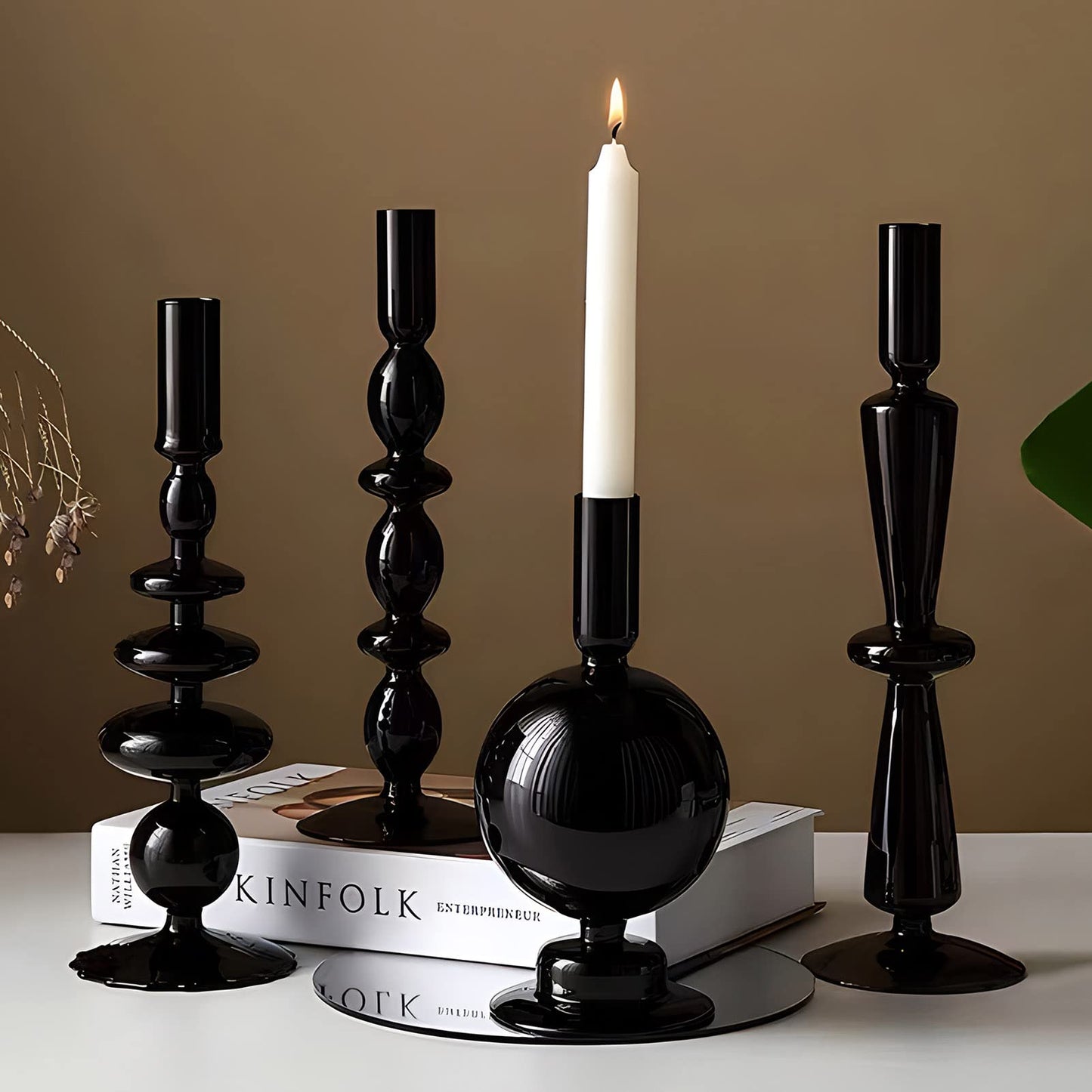 Amanman Candle Stick Candle Holder, Glass Candle Holders for Table Centerpiece, Modern Style Black Candle Holder Mixed 4pcs
