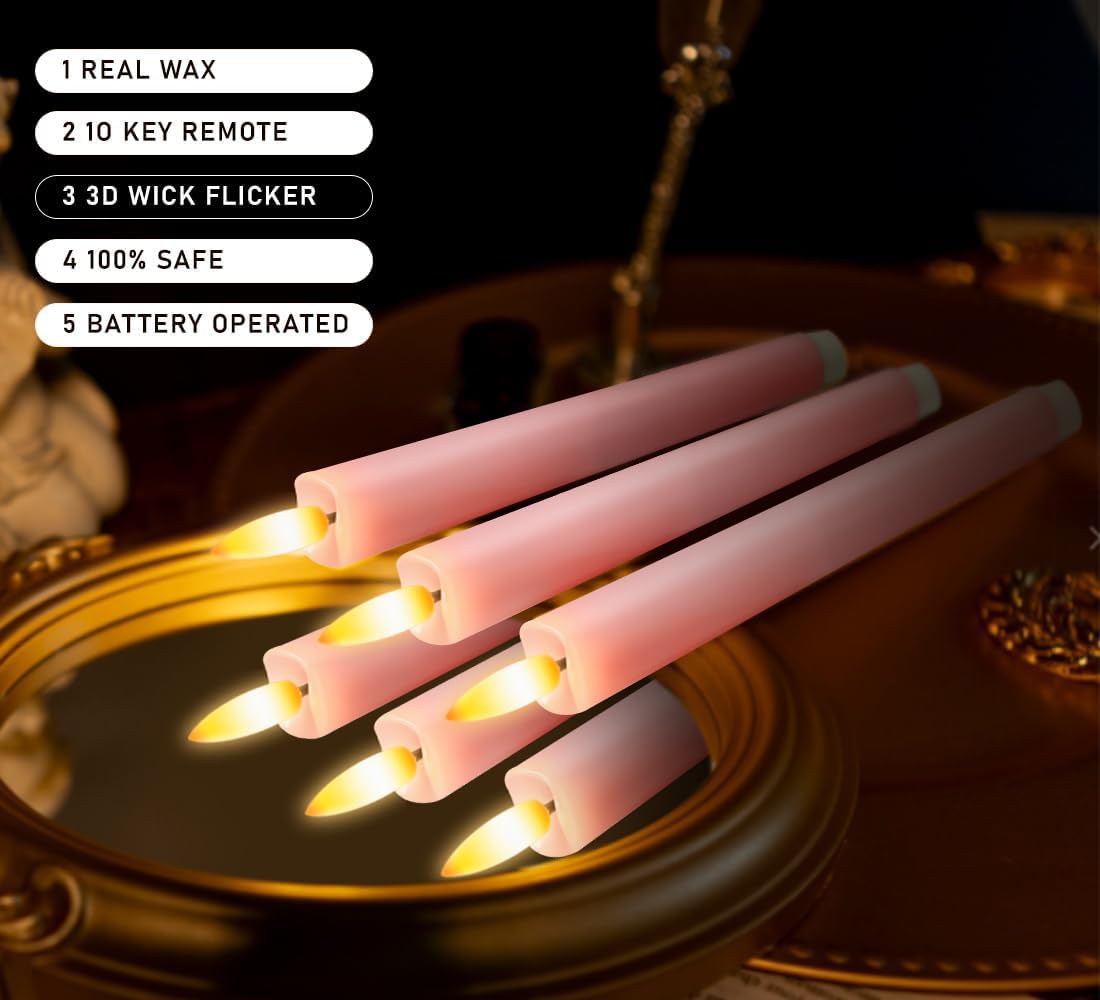 KSWING Upgraded Real Wax LED Flameless Pink Taper Candles with Remote, 6 PCS Candlesticks Battery Operated 3D Flickering - 9.6" Long Realistic Fake Candle Sticks for Home/Wedding/Fireplace Xmas Decor