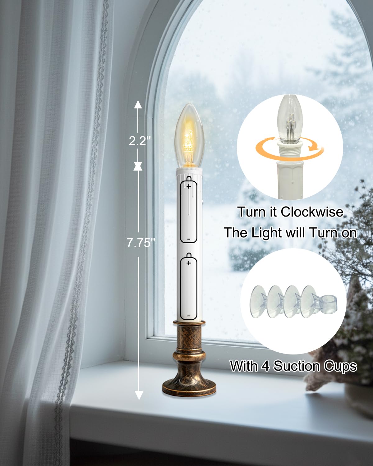 SUNSGNE Battery Operated Window Candles, Flameless Window Candles with Auto Timer for Holiday Home Table Christmas Decor, C26 LED Ultra-Bright Bulbs, 4 Pack, Antique Bronze Base