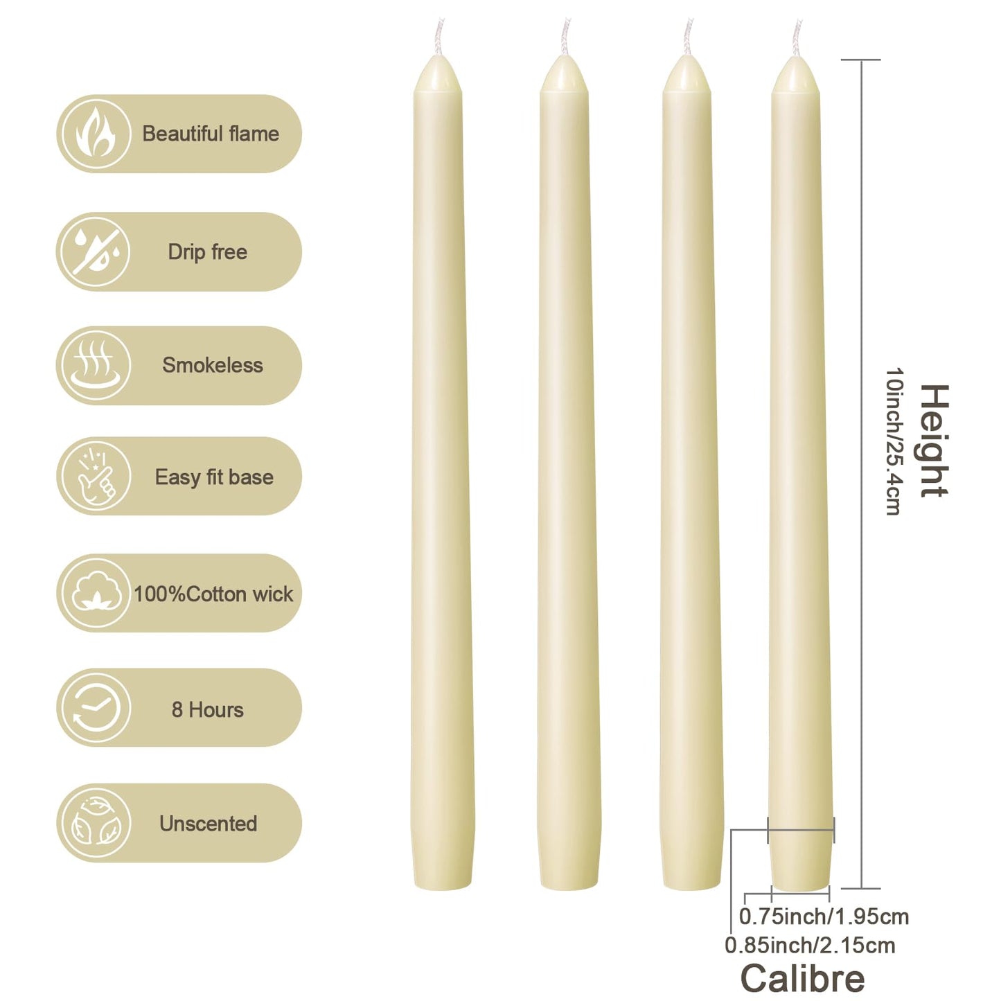 Everymoment Ivory Taper Candles - 48 Pack 10 Inch Candlesticks - Dripless & Smokeless Tapered Candle 8 Hours Unscented Cream Candle Sticks - Perfect for Wedding Holiday Dinner Party Home Decor