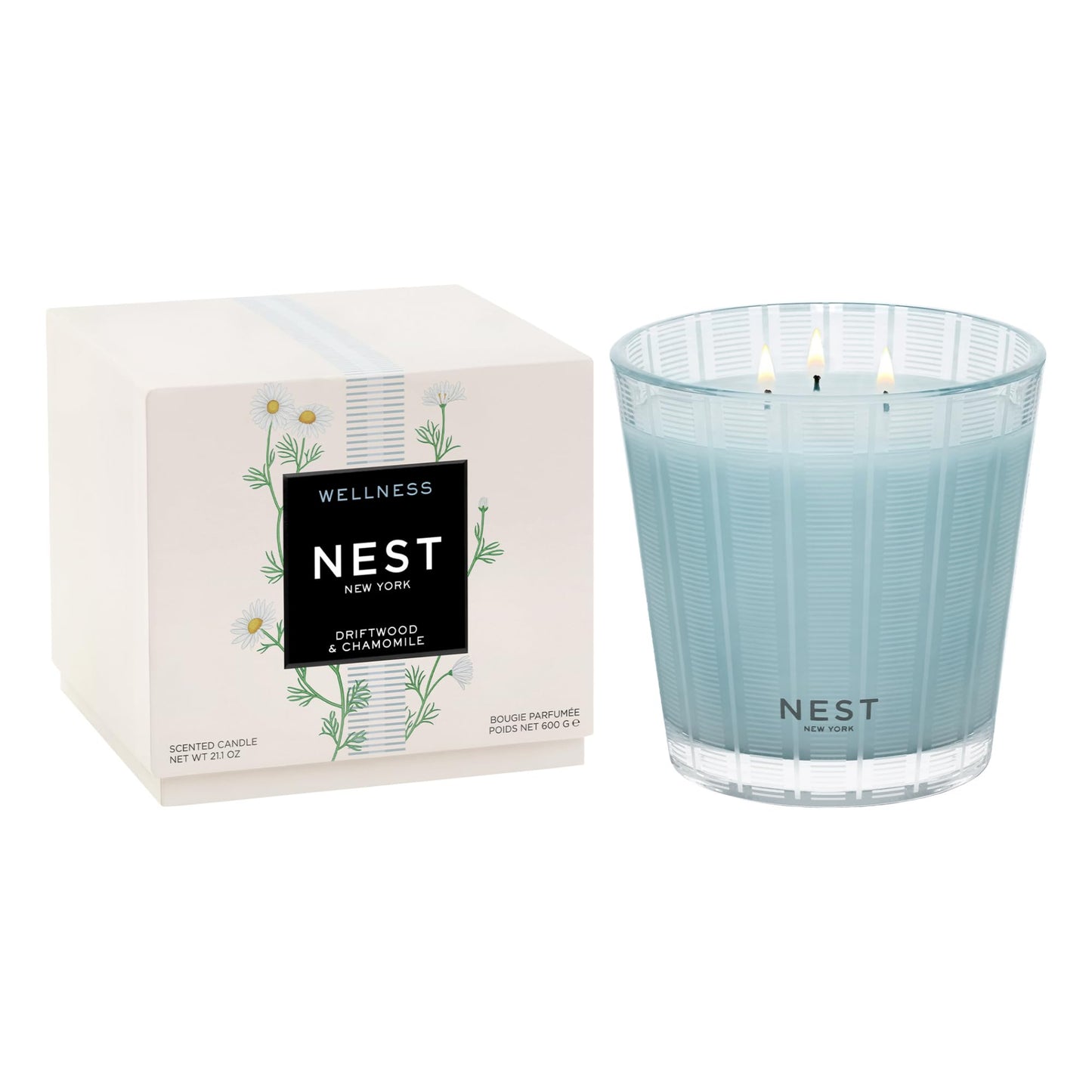 NEST New York Scented 3-Wick Candle, Driftwood & Chamomile - 21.2 oz - Up to 100-Hour Burn Time - Reusable Glass Vessel