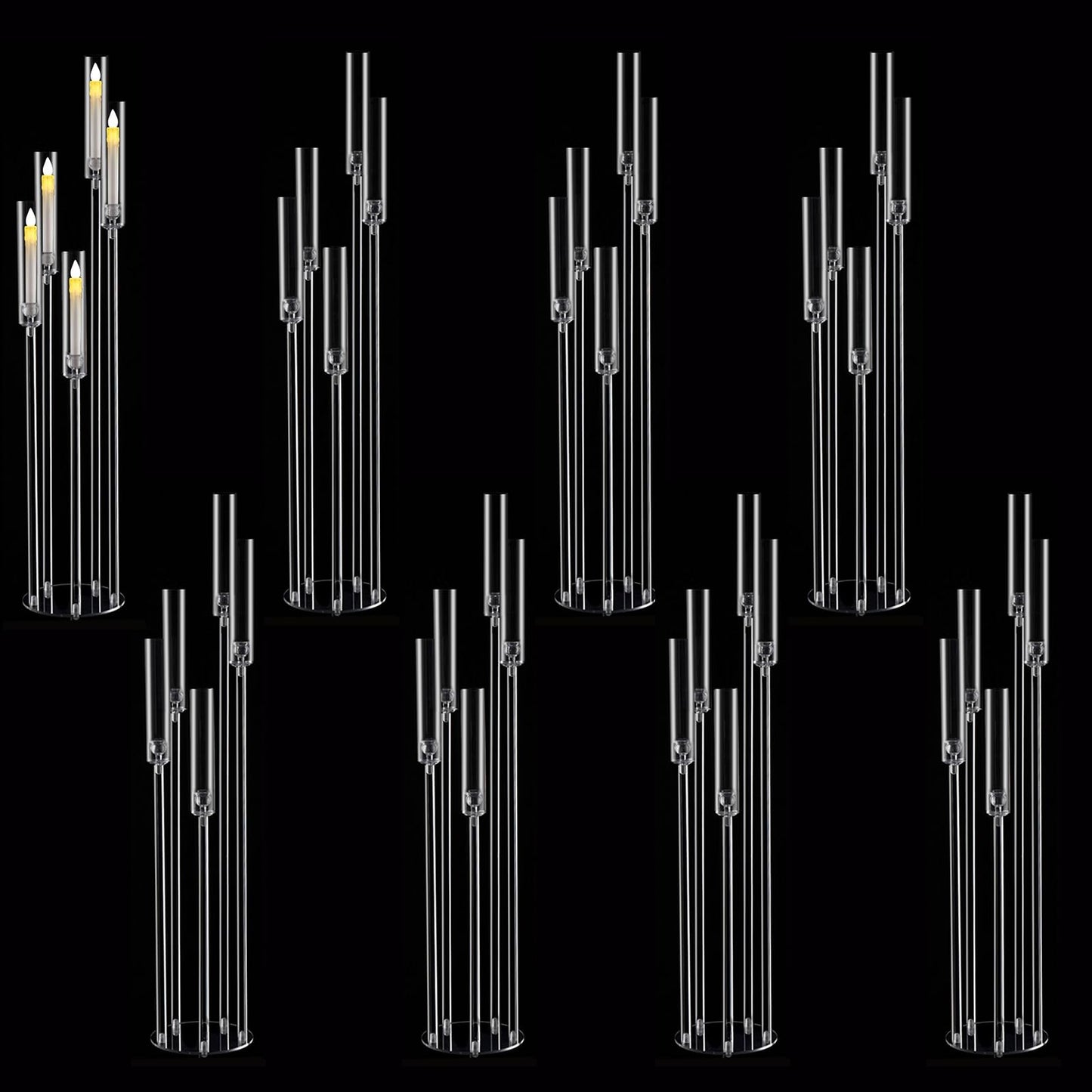 Fullvaseer 8pcs 5 Arm Floor Candelabra,Acrylic Floor Candle Holder for Wedding Centerpiece Tall Clear Candle Holders for Ceremony Birthday Party Home Decoration Fit 0.8 LED Candles