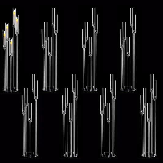 Fullvaseer 8pcs 5 Arm Floor Candelabra,Acrylic Floor Candle Holder for Wedding Centerpiece Tall Clear Candle Holders for Ceremony Birthday Party Home Decoration Fit 0.8 LED Candles