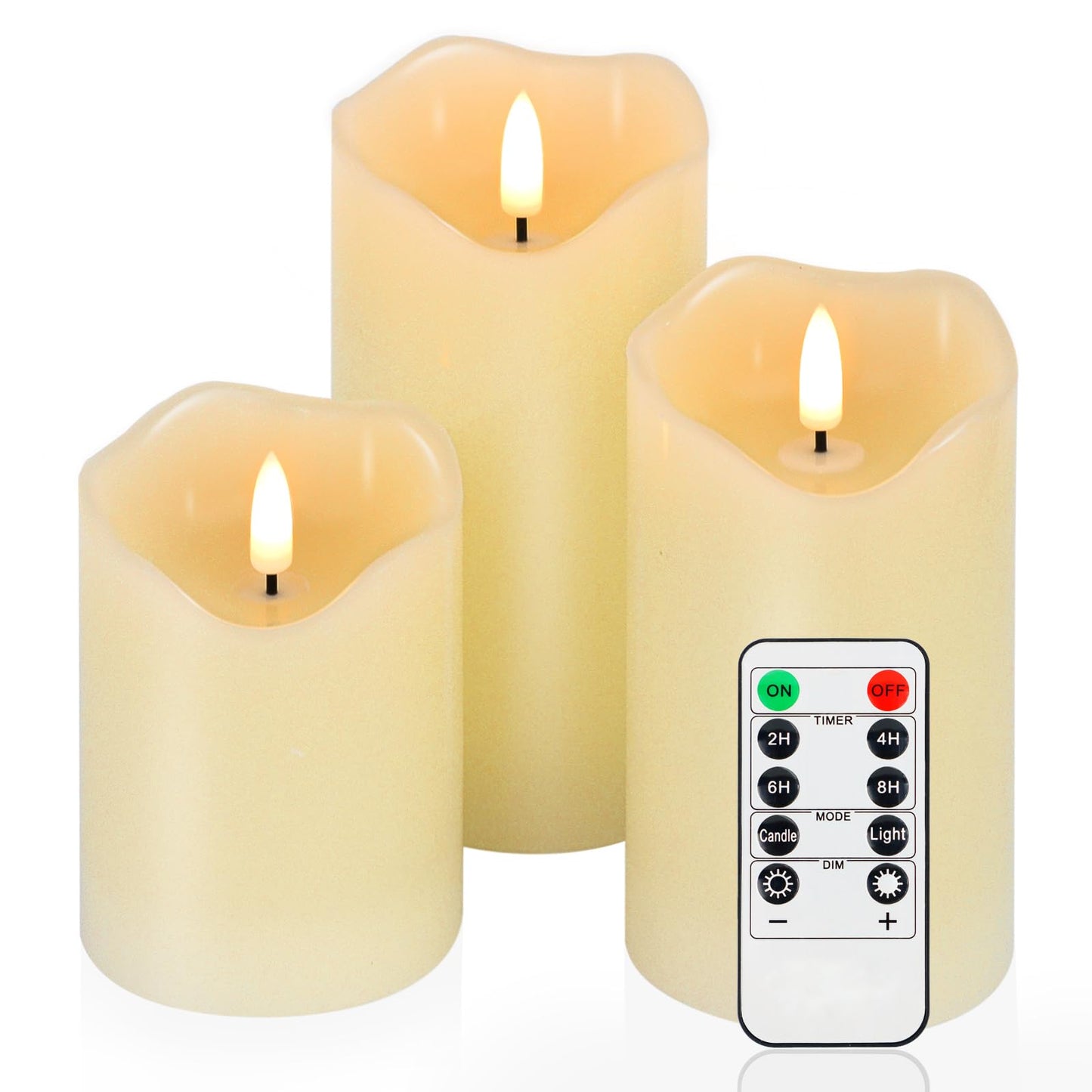 Warmhere Flickering Flameless Candles, Realistic LED Candles Battery Operated with Remote and Timer, Ivory Real Wax Pillar Candle for Christmas Home Wedding Party Decorations, Set of 3