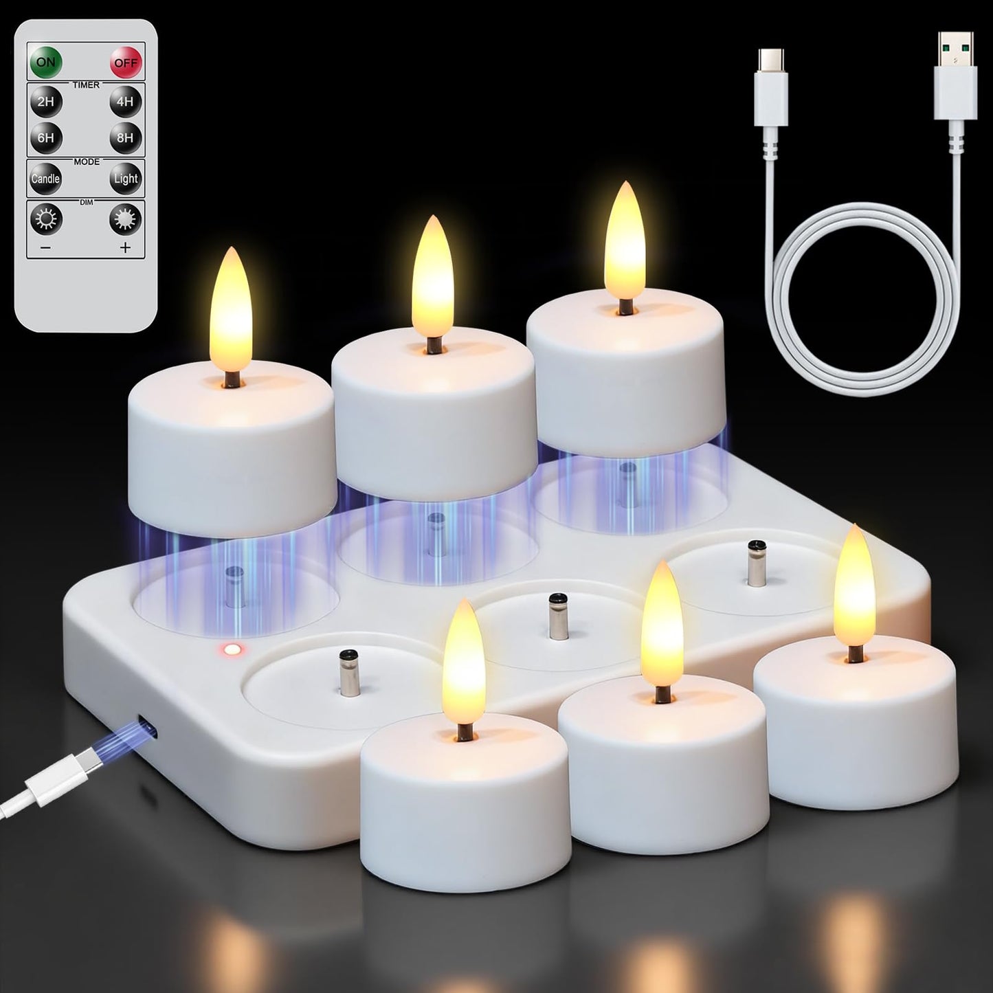 GenSwin Rechargeable Tea Lights Candles with Remote & Charging Base, 6 Pcs LED Tea Lights Candles Battery Operated, Flameless Timer Tealights for Wedding Christmas Halloween Decor (White, 1.57“x1.85”)