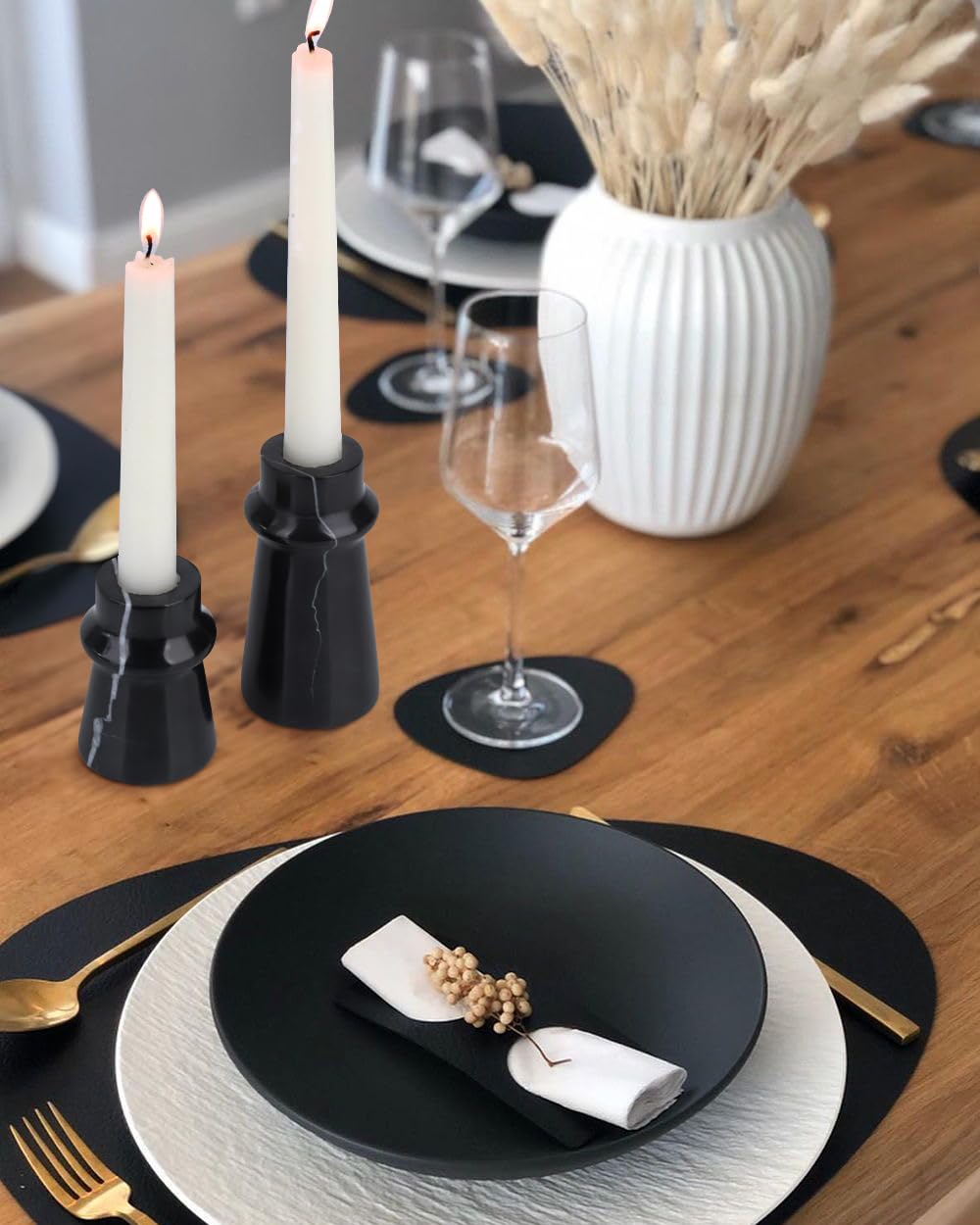 Vixdonos Marble Candle Holder Set of 2 Taper Candle Candlestick Mantle Candle Stand for Home Decor,Wedding,Party and Table Centerpieces(Black)