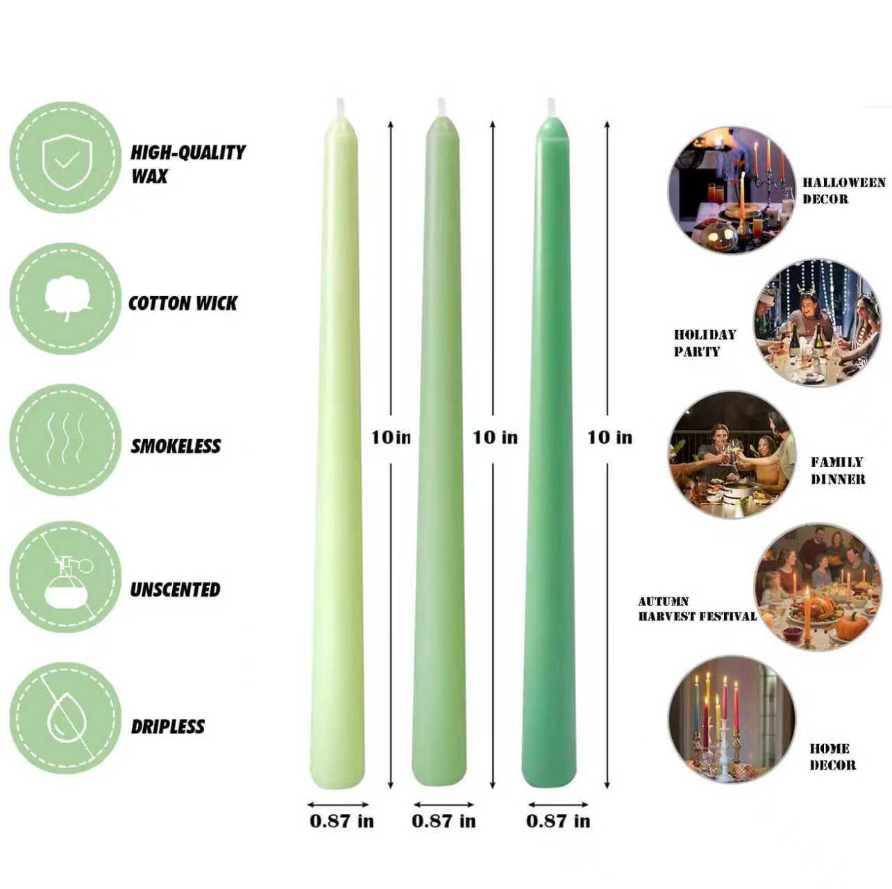 12-Pack Gradient Green Taper Candles, 10 Inch Unscented Dripless Candlesticks, Long-Lasting Burn Time of 6-7 Hours, Perfect for Home Décor Spring St. Patrick's Day