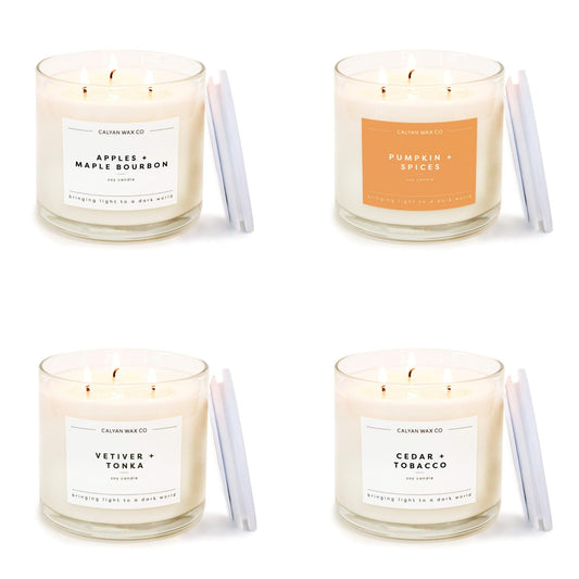 Calyan Wax Co. Fall 3 Wick Scented Candle Gift Set - 4 Luxury Autumn Scented Candles - 43 Hour Burn - 3 Wick Clean Soy Wax Candles - Long Lasting Large Glass Jar Candle for Home - 14.9oz