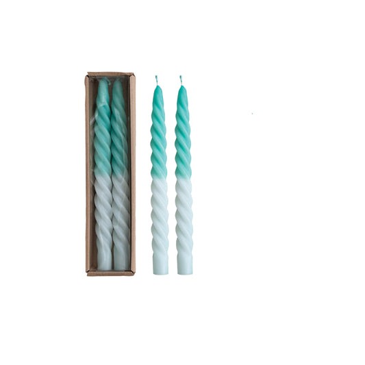 Creative Co-Op Tall Unscented Twisted Taper Candles, Aqua Ombre and Mint Color, Set of 2