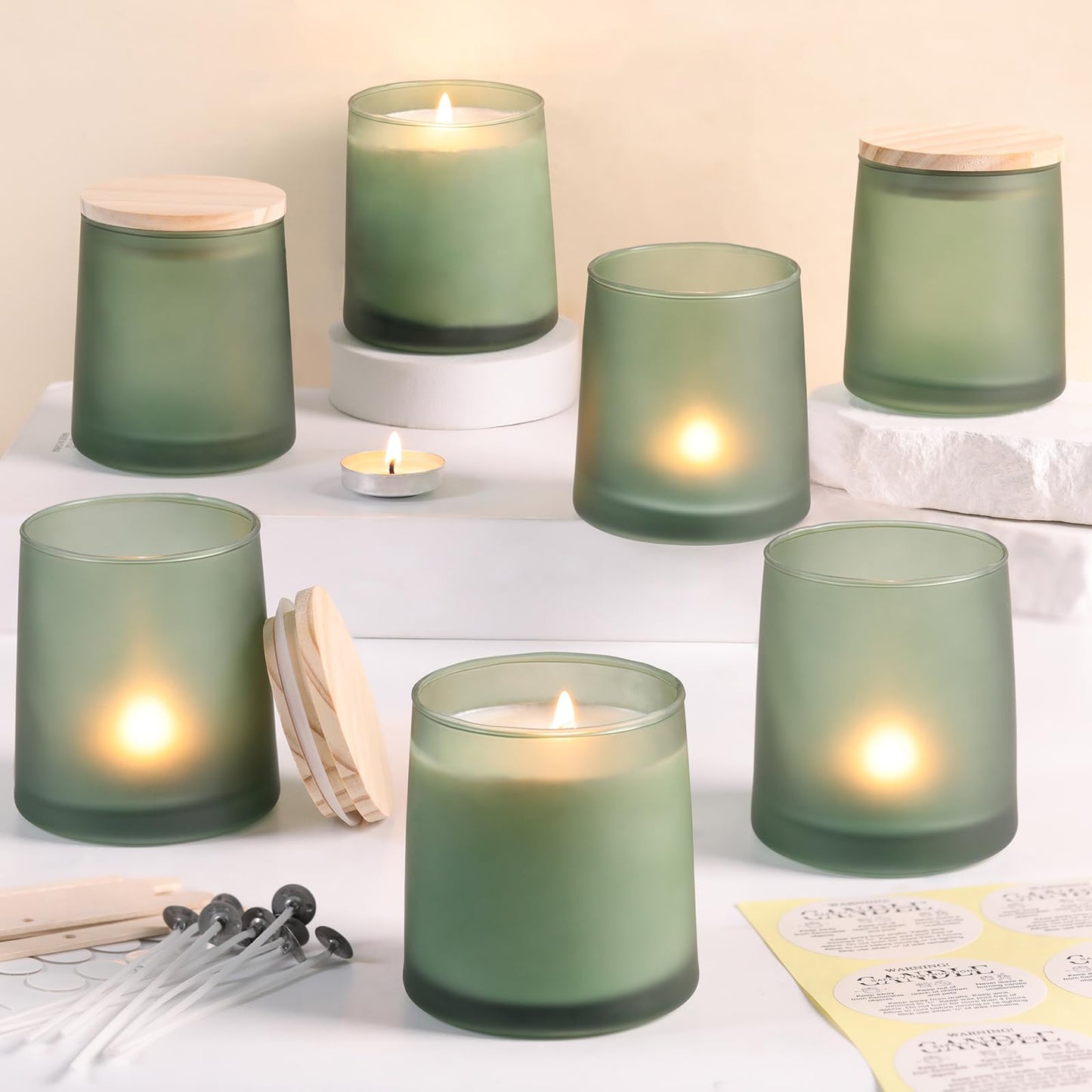 DARJEN 12 Pack Frosted Green Candle Jars for Making Candles- 9 OZ Empty Glass Candle Making Jars with Making Kits, Candle Making Supplies Candle Containers for Home DIY & GIFS