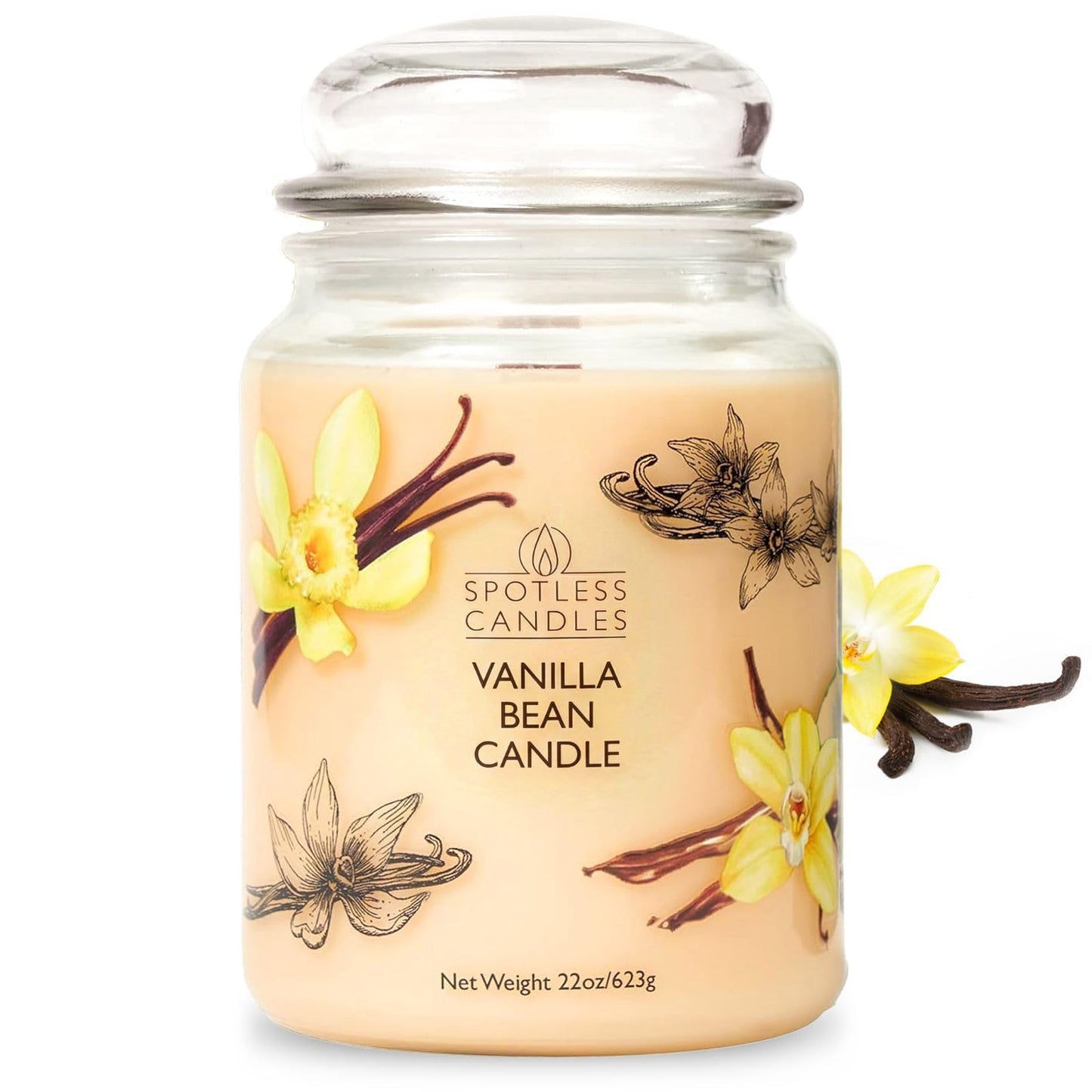Vanilla Bean Candle 22oz: Upto 130 Hours Burn Time, Crackling Wooden Wick in Large Candle Jar with a Luxury Gift Box & Protective Shipper, Scented Candle by Spotless Candles