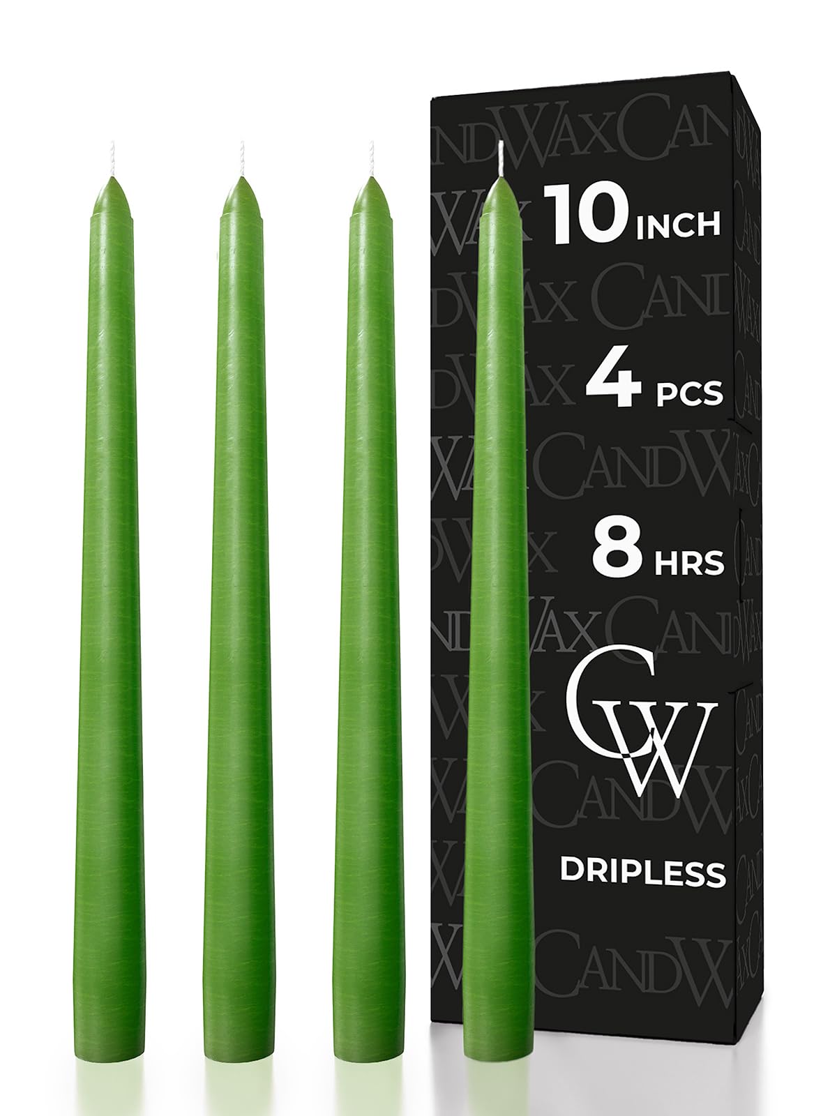 CANDWAX 10 inch Taper Candles - Set of 4 - Dripless, Unscented and Smokeless - Green Tapered Candle Sticks - Perfect for Dinner - Grass Green Candles