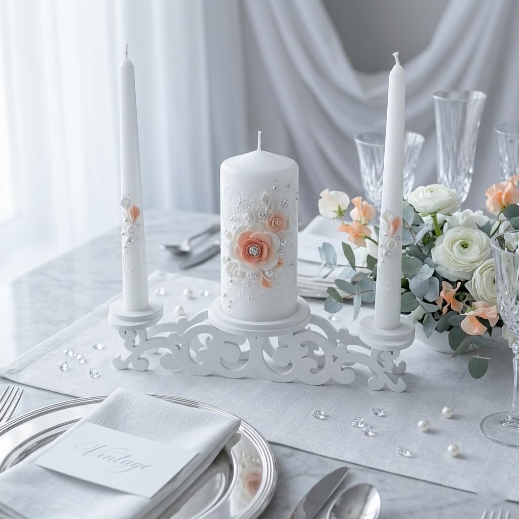 Magik Life Unity Candle Set - Wedding Ceremony & Reception – 6” Pillar & Two 10” Taper Candles – Long Burning Unity Candles for Marriage Ritual – Handmade in USA – White | Rose