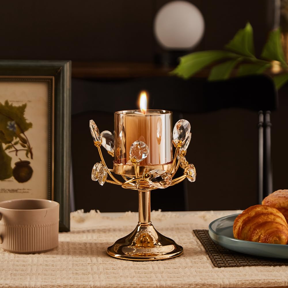 YIUTOYILY Gold Hurricane Candle Holder, Crystal Candle Holders for Pillar Candles with Clear Glass Sleeve - Elegant Centerpiece for Weddings, Dinners, Party Decor