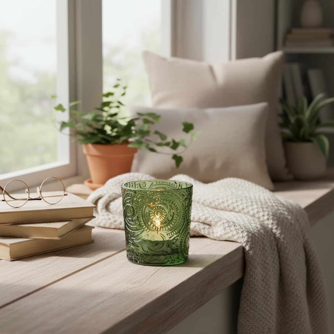 6 Pack Patented Sun Moon Star Embossed Glass Tea Light Candle Holders - Unique Votive Candle Holders for Wedding, Party, and Table Centerpieces (Moss Green)