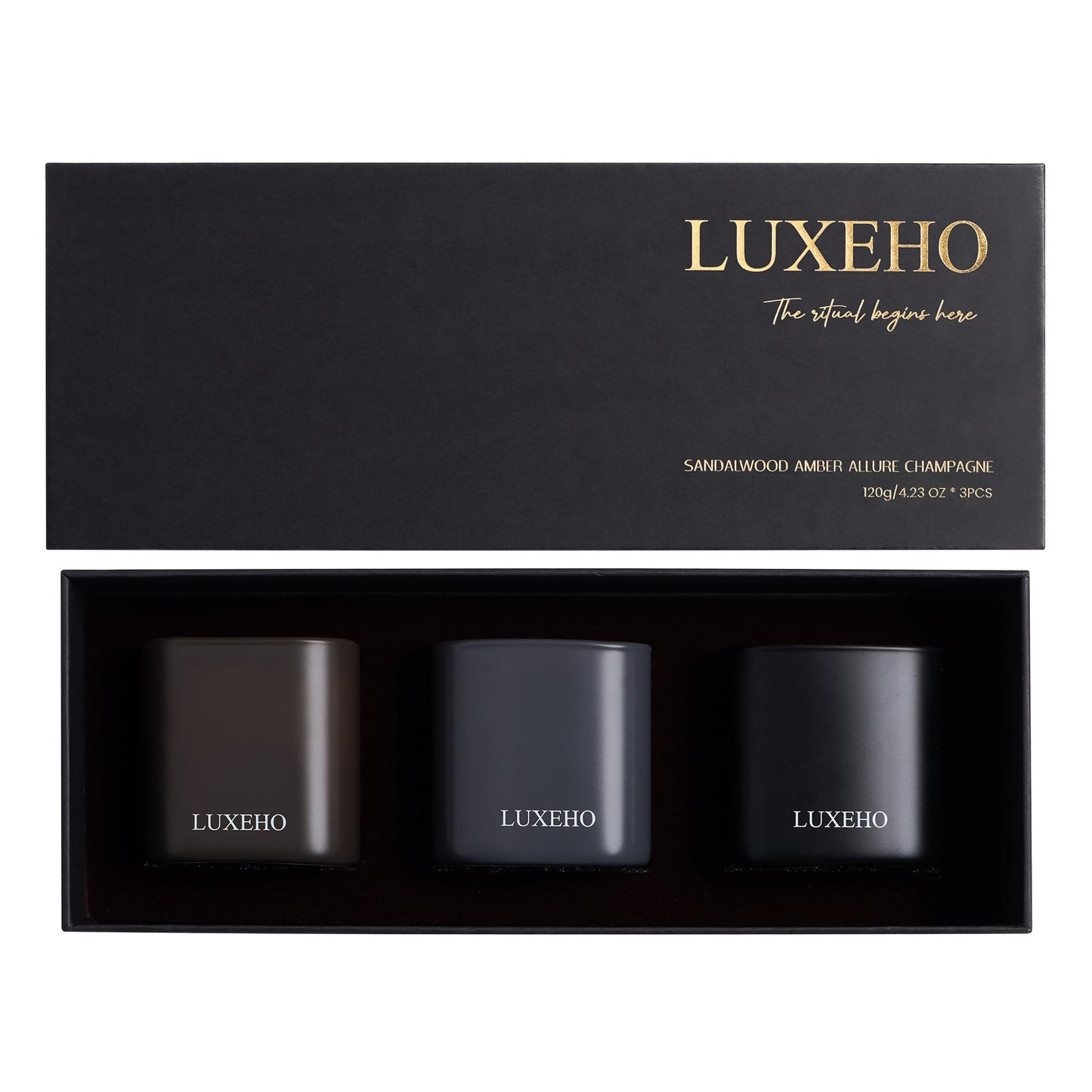 Luxury Scented Candle Set 3-Pack | Home Decor & Giftable Soy Candles | Champagne, Sandalwood & Amber | 75h Burn Time | Cotton Wick | Elegant Decorative Jars