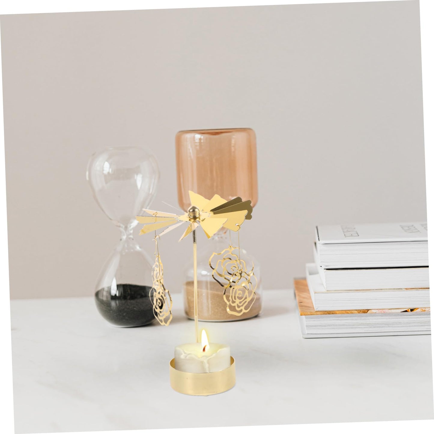 RORPOIR Metal Rotating Carousel Candle Holder Rose Elements Elegant Tealight Stand for Romantic Settings Table Centerpiece for Weddings and Special Occasions