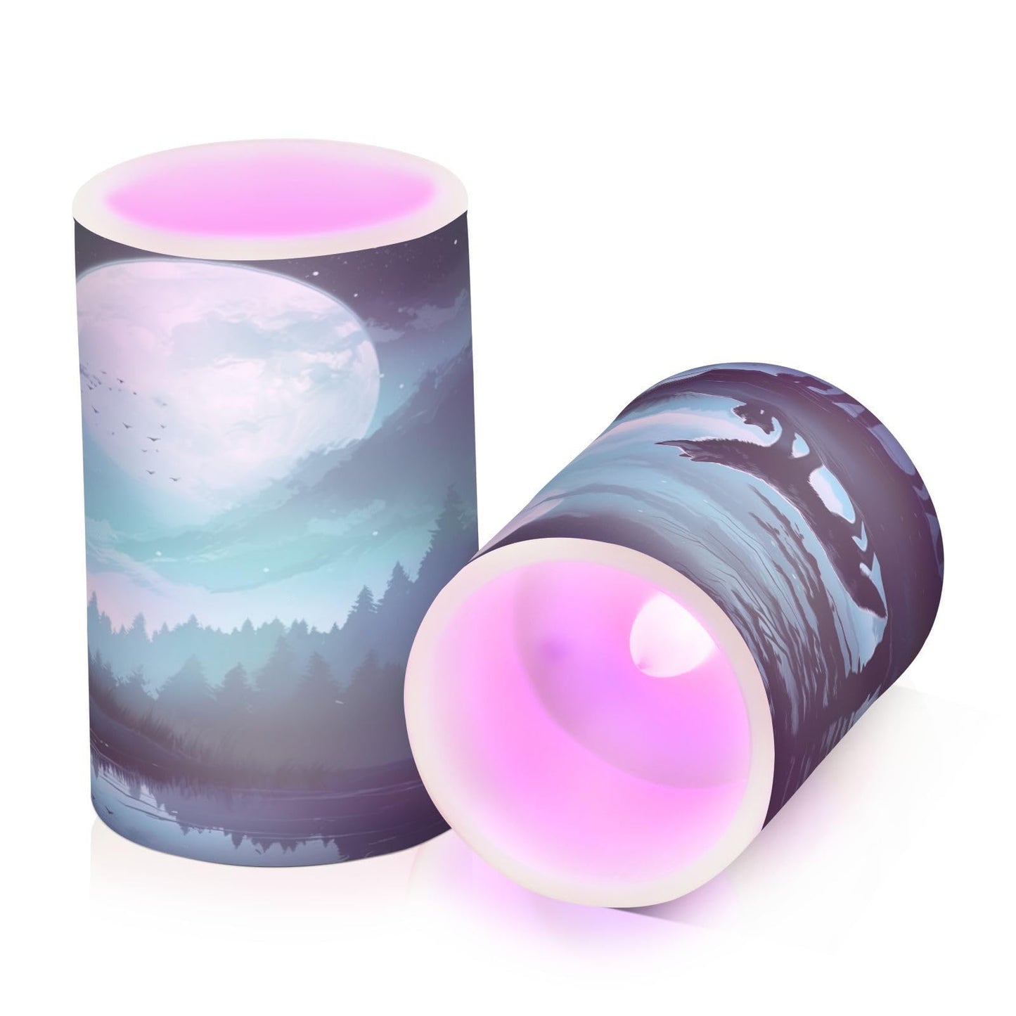 Blueangle Set of 2 Evening Moon Wolf Flameless Candles Battery Operated Flickering Pillar LED Plastics Candle Set with Remote Control Timer for Decorations