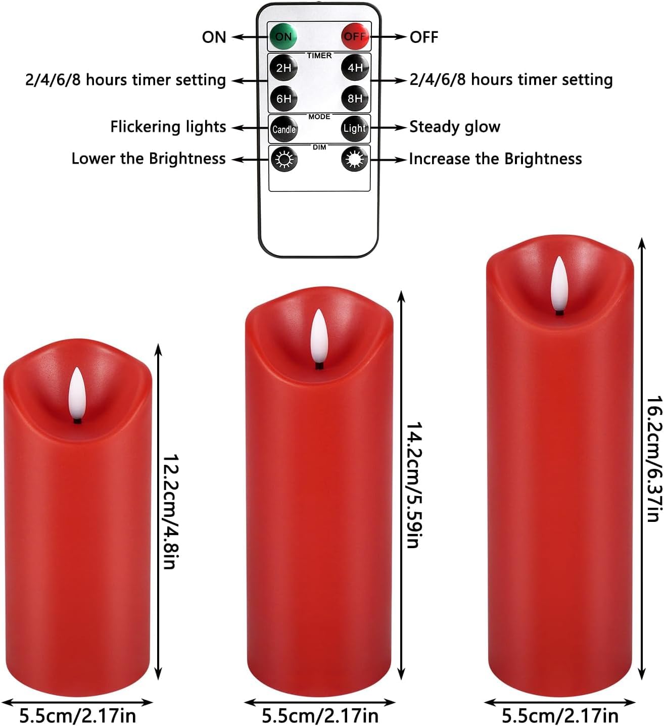 YOROXRG 24 Pack Christmas Decoration Flickering Flameless Candles,LED Candles Battery Operated Pillar Candles with Remote Control.for New Year, Home Decor, Parties,Wedding(D2.2 xH 5" 6" 7" Red)
