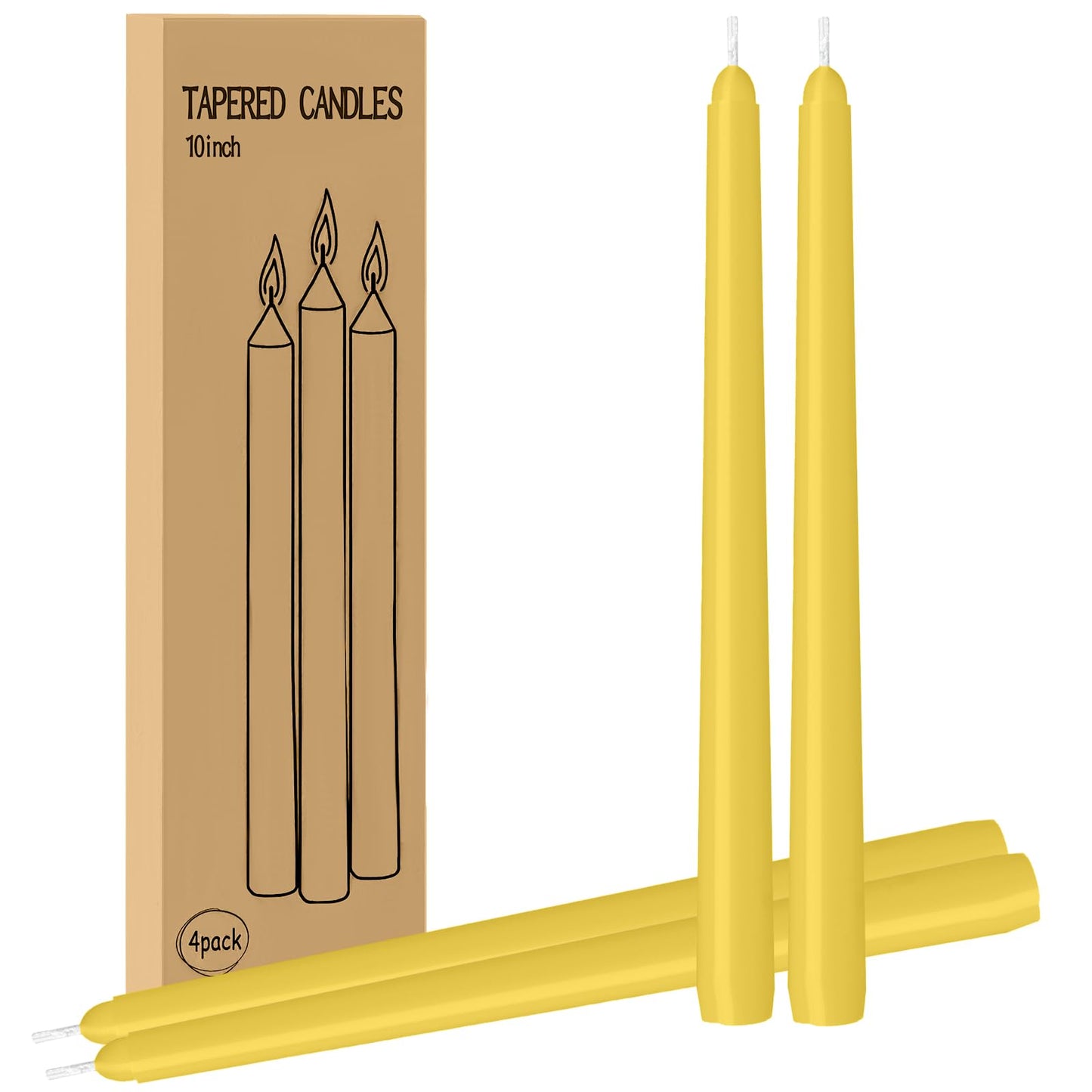 LYOBATH 4 Pack Yellow Taper Candles - Taper Candles 10 Inch Dripless, Smokeless & Unscented - 8 Hours Long Burning - Ideal for Weddings, Dinner Parties, and Home Decor