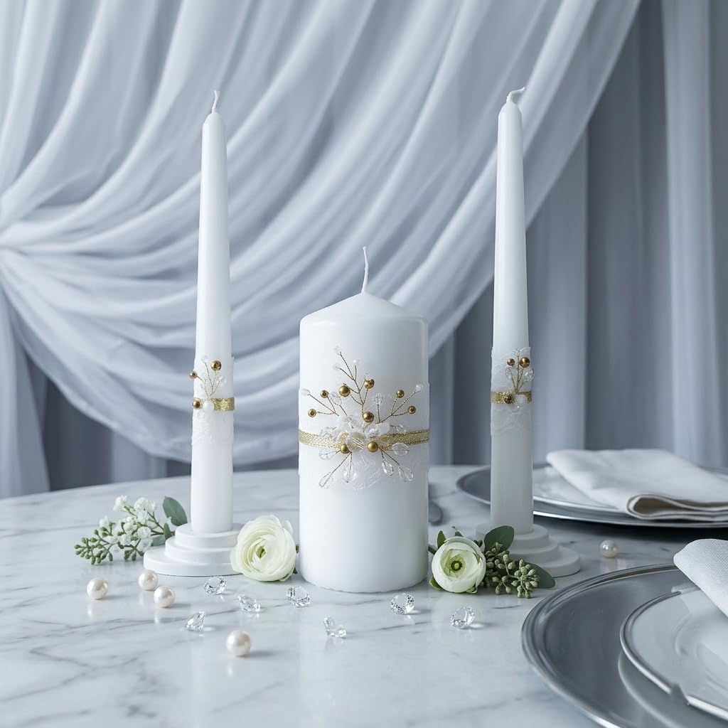 Magik Life Unity Candle Set - Wedding Ceremony & Reception – 6” Pillar & Two 10” Taper Candles – Long Burning Unity Candles for Marriage Ritual – Handmade in USA – Diamond |Gold