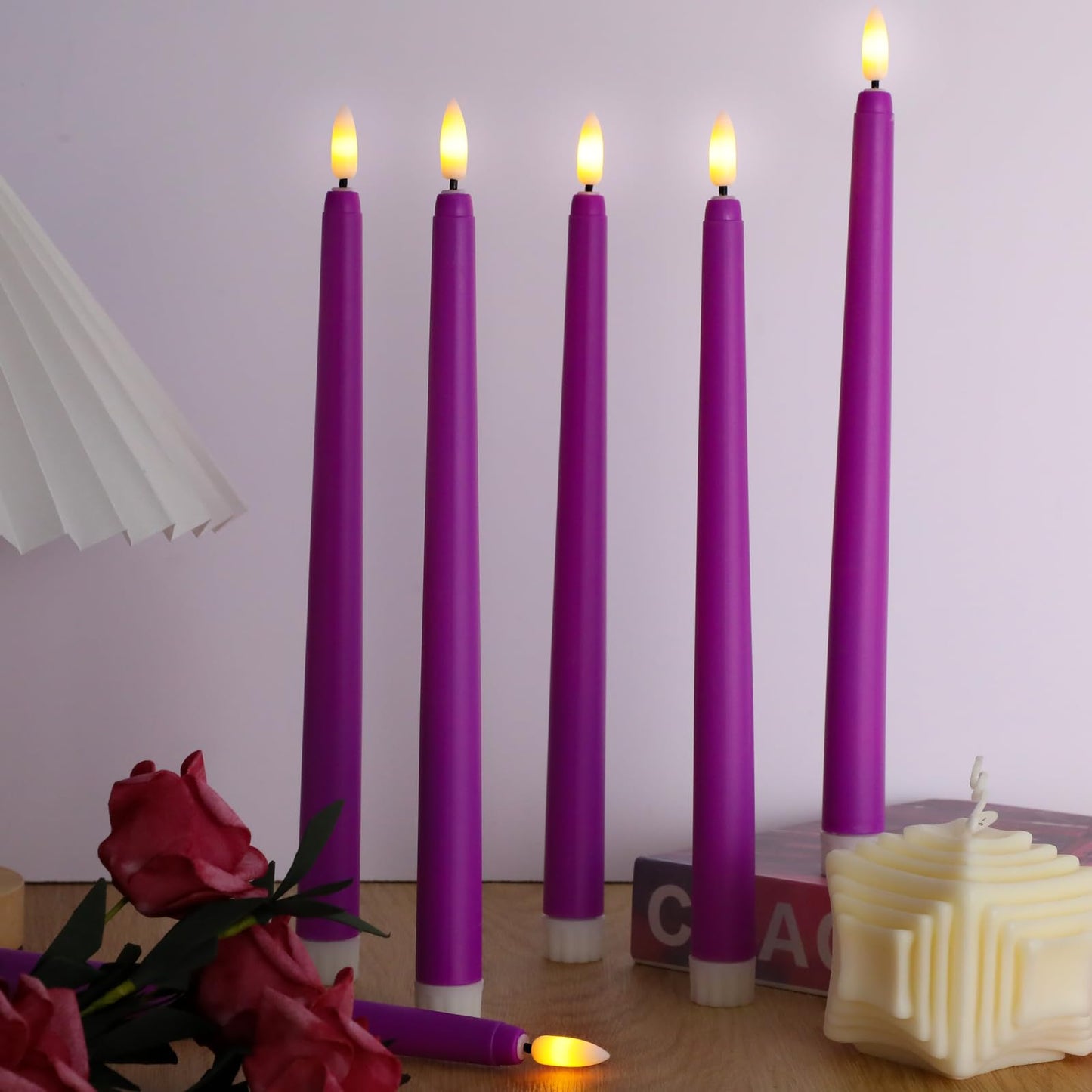 Macarrie 24 Packs Flameless Taper Candles Battery Operated Fake 11 Inch Long Candle Light LED Flameless Candlesticks Flickering Tapered for Wedding, Halloween, Christmas(Purple)