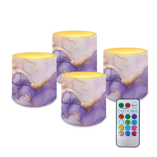 Merkmak 4 Pack Flameless Candles with 18-Key Remote Purple Marble Battery Operated Candles with Timer Flameless Pillar Tea Lights for Party Banquet Home Decorations