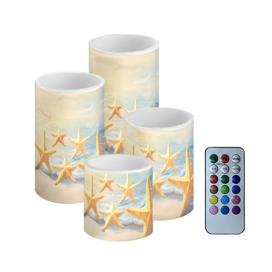 Merkmak Set of 4 Flameless Candles Bulk Battery Operated LED Candles with Color Changing Timer Remote Control Tea Lights for Patio Porch Beach Wedding Home Decorations,Coastal Starfish Yellow