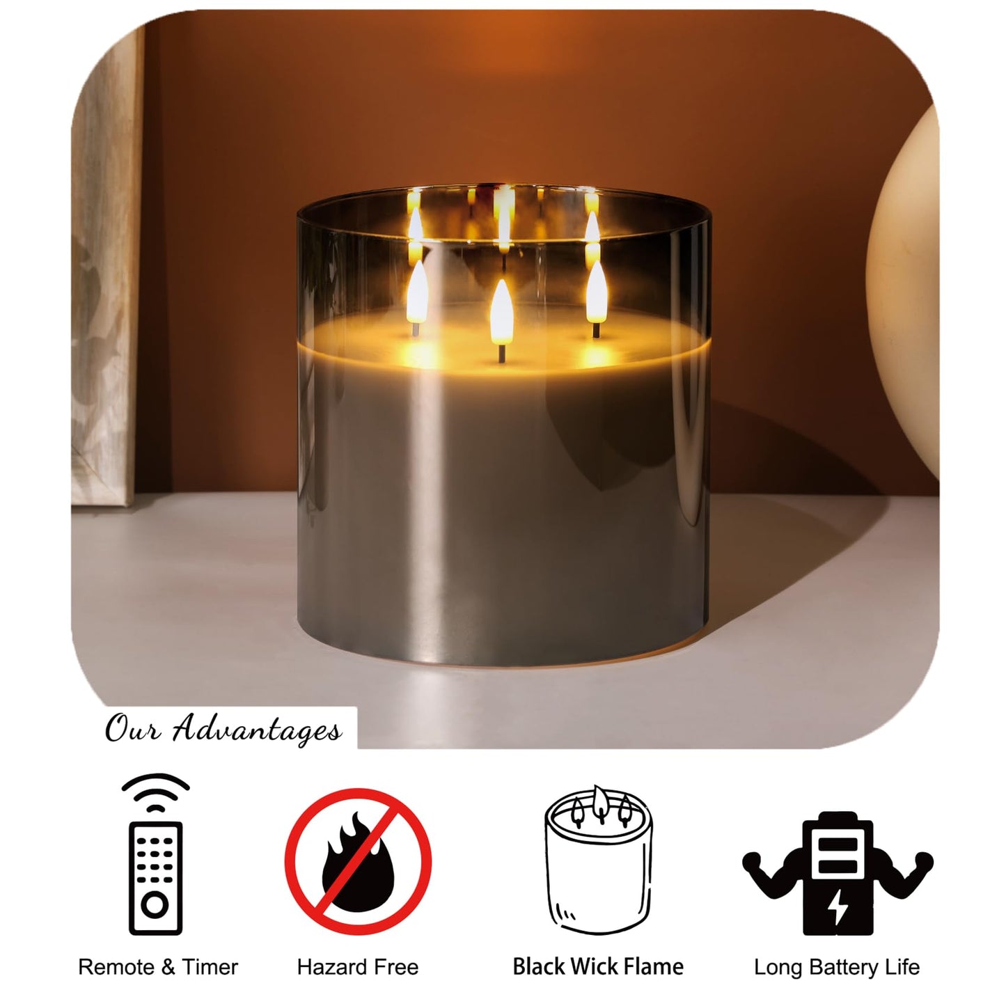 Girimax 3 Wick Grey Glass Flameless Candle with Remote, Large 6x6 inch LED Pillar Candle Battery Operated Flickering