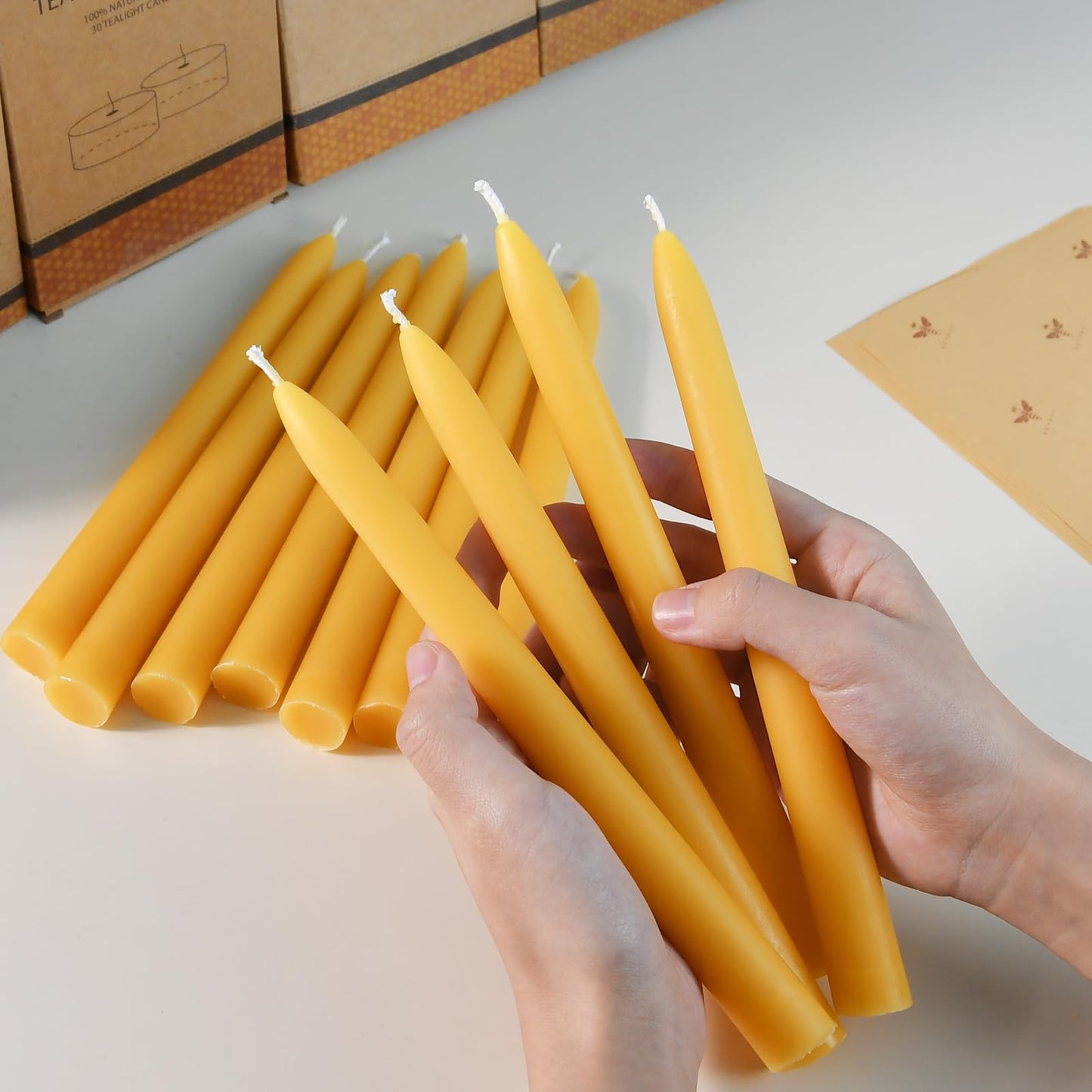 DEYBBY 9 inch Natural Beeswax Taper Candles Set of 6, Smokeless and Dripless Pure Organic Beeswax Candles for Dinner Room Decor Emergency Housewarming Gift, Long Lasting Burning, Nontoxic