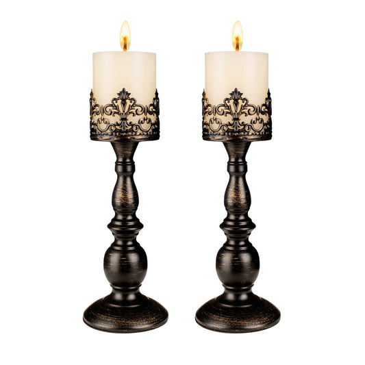 Candle Holders for Pillar Candles Gothic Distressed Black Vintage Tall Candle Holders Set of 2 Decorative Large Table Centerpieces Candle Stand Decor (Distressed Black 2PCS A)