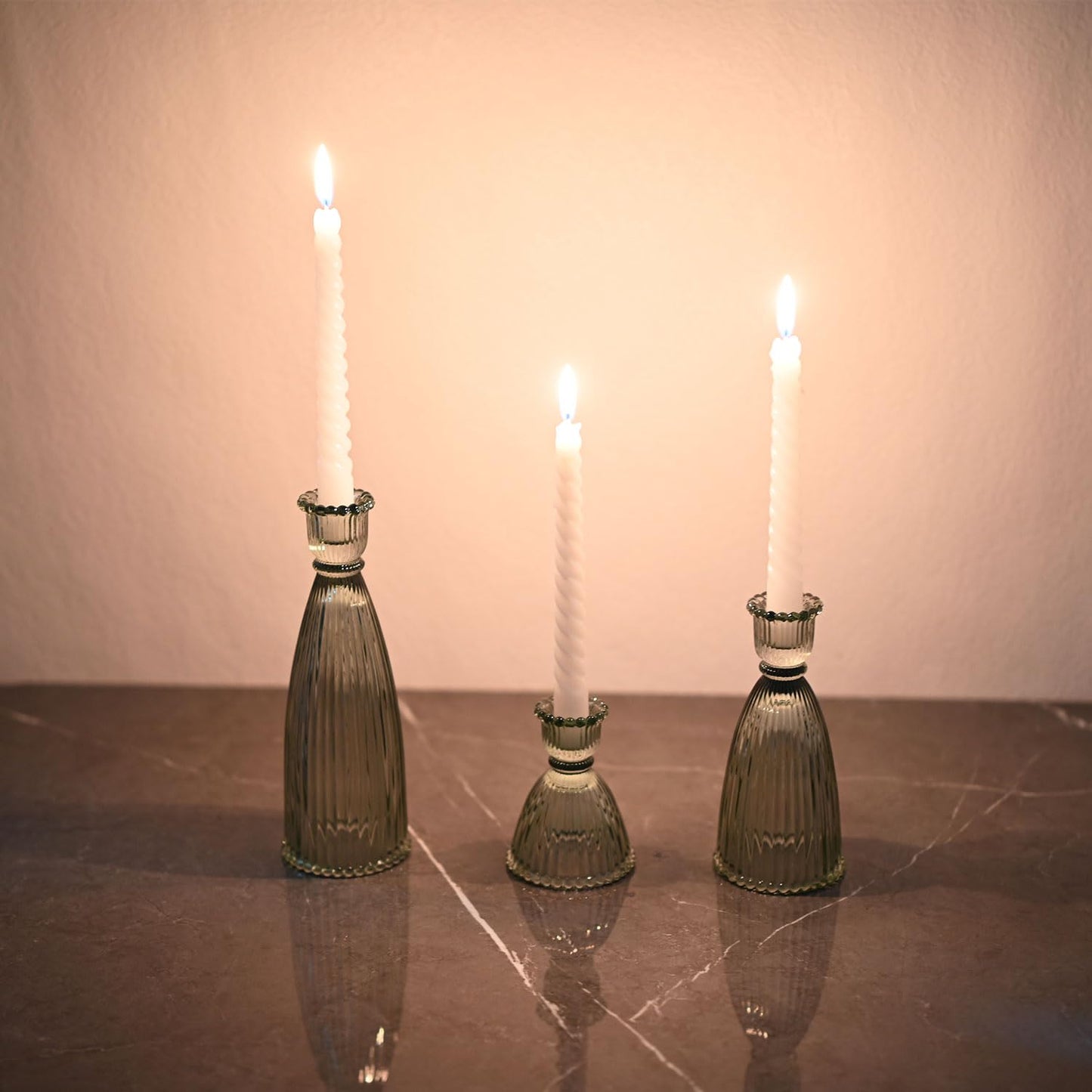 Sveudvdis Glass Candlestick Holders, Set of 3 Thick Taper Candle Holders for or Table Centerpieces, Wedding Decor and Dinner Party (Green)