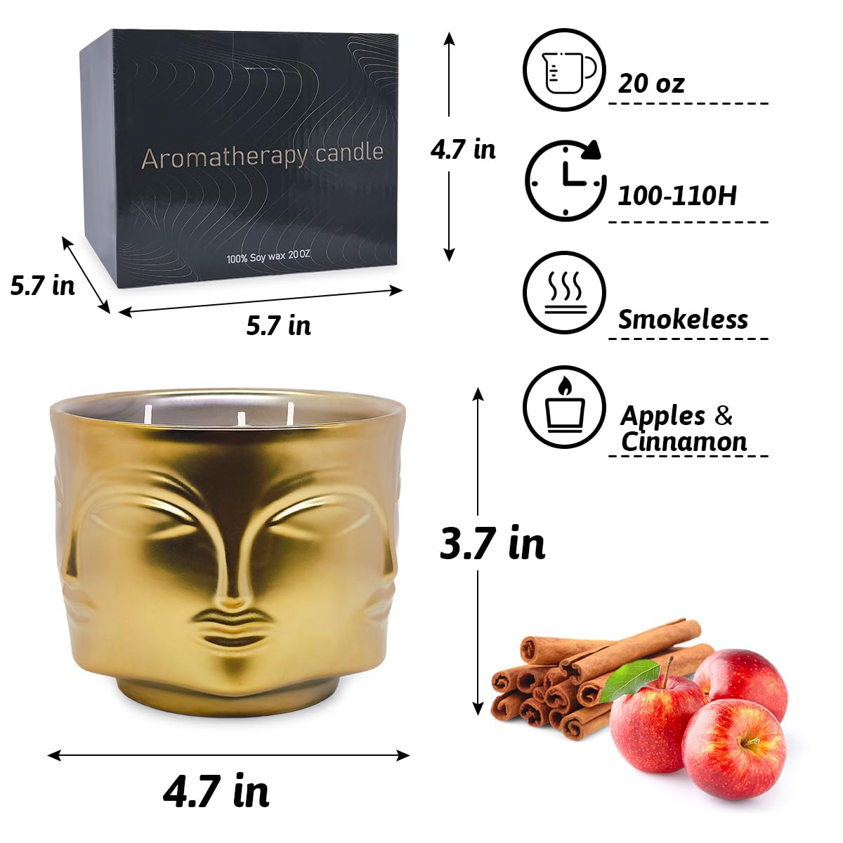 3 Wicks 20oz Apple&Cinnamon Scented Candle in Gold Buddha Pattern Heavy Ceramic Pot, Large Natural Soy Wax Aromatherapy Candle Set for Spa Yoga Meditation Home Dinner Table Decor