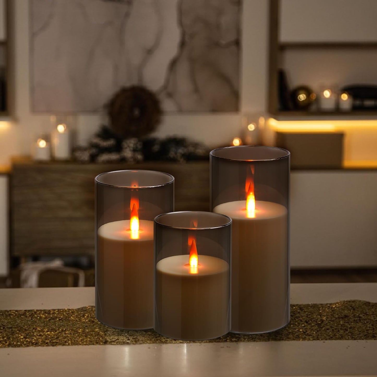 Kiexung Flameless LED Candles, New Analog 3D Wick Battery Powered Candle, Fake Candle with Remote Control & Timer for Dining Table/Cafe/Living Room/Bedroom/Wedding Center Decor (Grey)