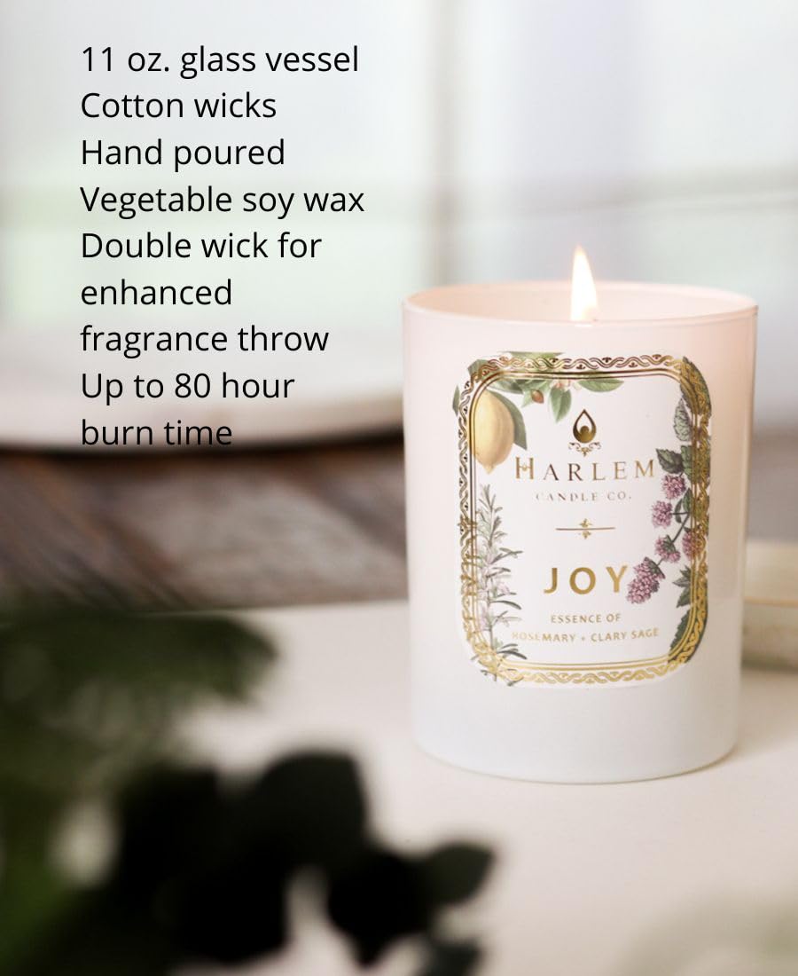 HARLEM CANDLE CO. - Joy - Luxury Scented Soy Candle, 11 oz - 80-Hour Burn Time | Fresh Mint, Italian Lemon, Rosemary, Jasmine Petals, Cedarwood, Amber Musk | Scented Candles for Home