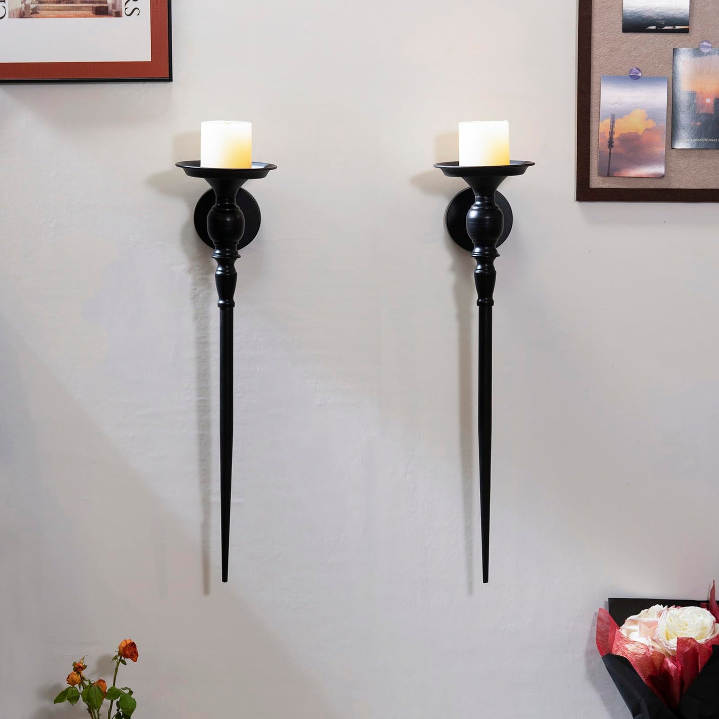 Wall Sconce Candle Holder Set of 2, Large Black Scepter Design Metal Wall Candle Holder, Home Wall Decoration for Living Room, Bathroom, Dining Room