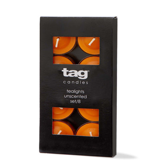 tag Color Studio Tealight Candles Set of 8 - Orange Paraffin Wax Tea Lights with 3 Hour Burn Time - Perfect for Everyday Use Orange