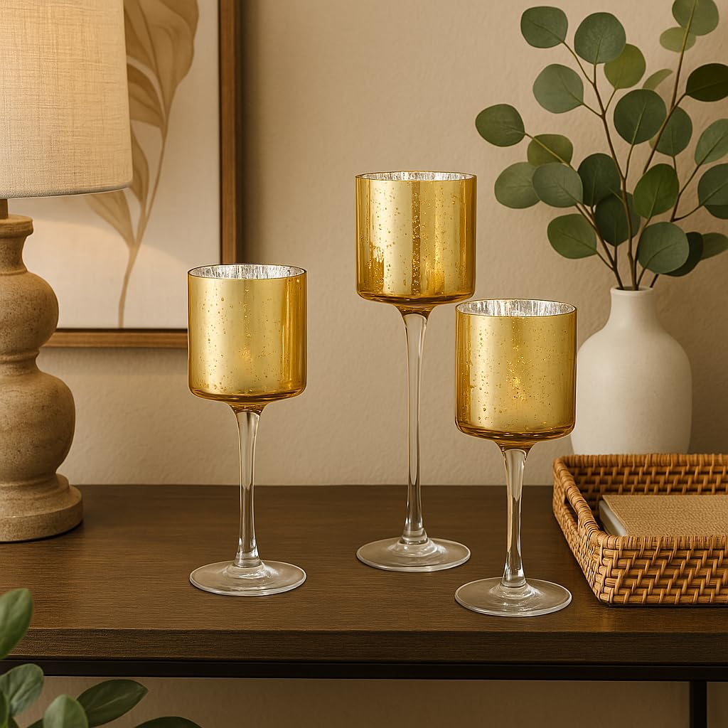 Koyal Wholesale 3Pcs Tall Candle Holder Set of 3 Floating Candle Vases, Stem Candle Holders Gold Glass Floating Candle Holders for Table Centerpiece Tealight Holder Wedding Centerpiece Home Decor