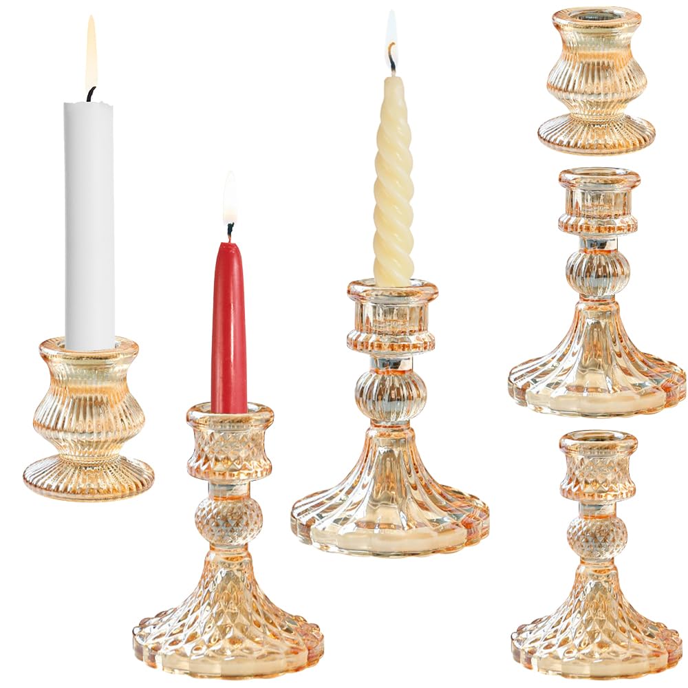 Glass Candlestick Holders Set of 6, Taper Candle Holder for Wedding Festival Christmas Party Valentine's Decor, Table Centerpieces (Amber)