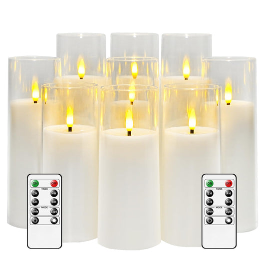 kakoya Flickering Flameless Candles Battery Operated with Remote and 2/4/6/8 H Timer Acrylic Led Pillar Candles Pack of 9 (appr D2.3"xH5.5"6.5"7.5")with Realistic 3D Wick Candles for Home Decor(White)
